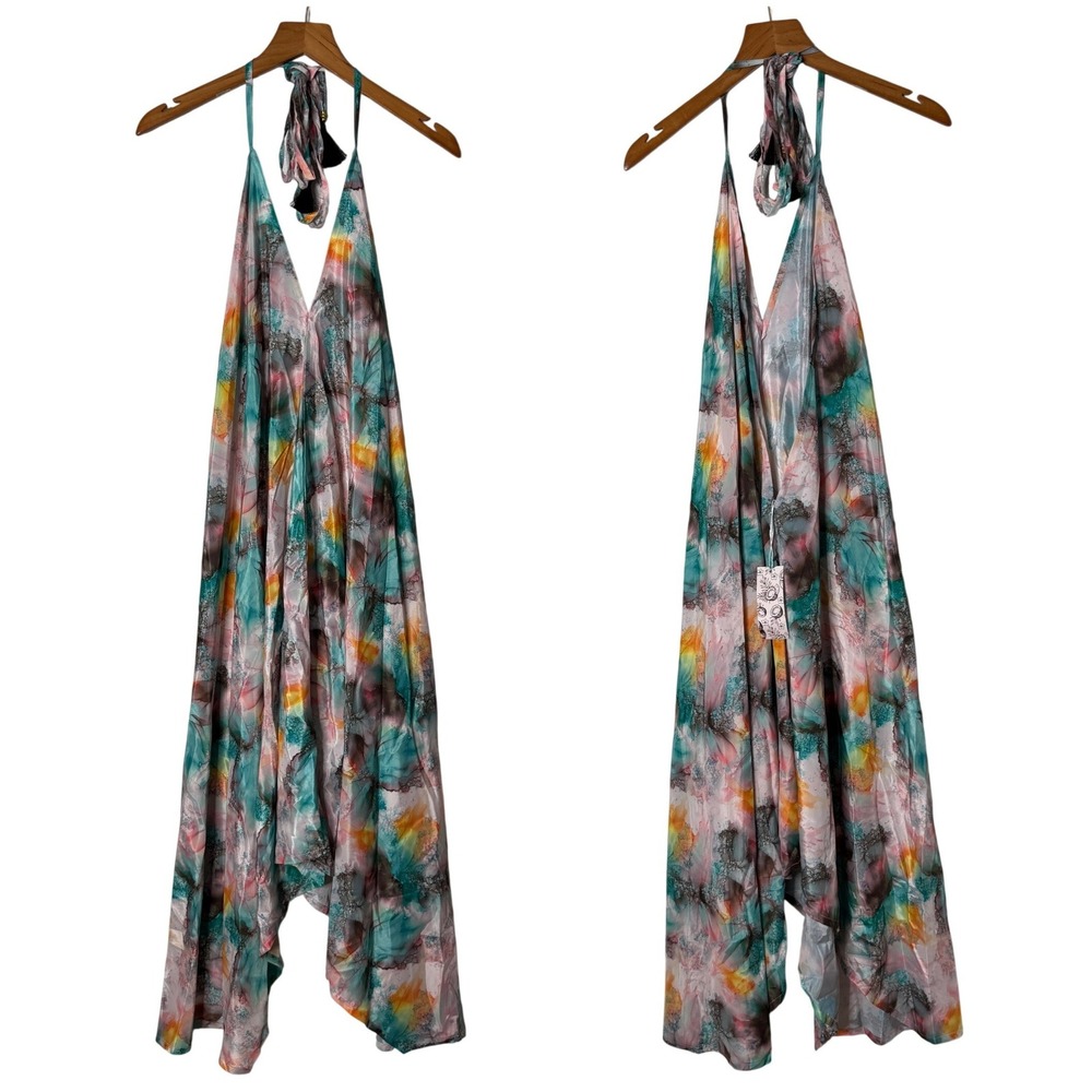 Sun and Soul Colorful Abstract Watercolor Halter Maxi Dress Small Womens New
